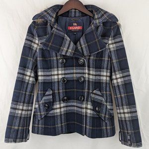 ELAND Navy Plaid Peacoat with Fur Hood Sz S